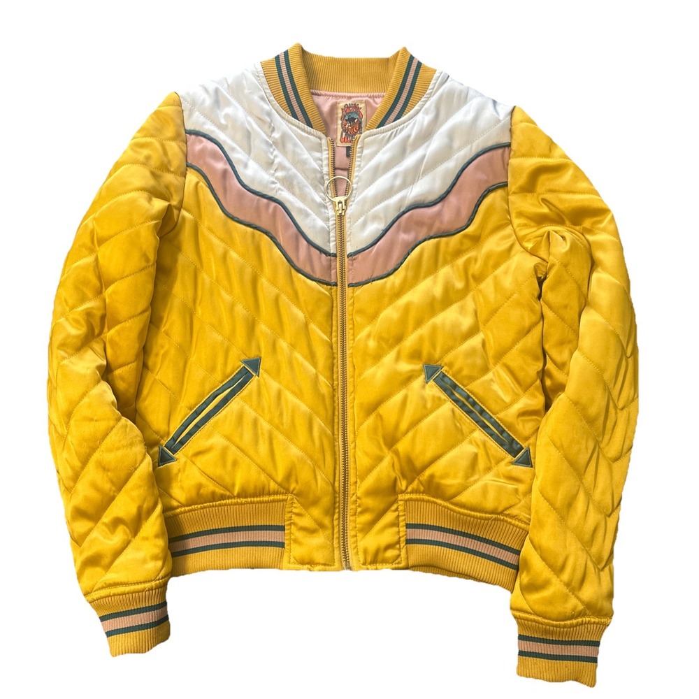 Classic Rock Couture Dolly Western Bomber Jacket Satin Mustard Yellow Sunrise Sm